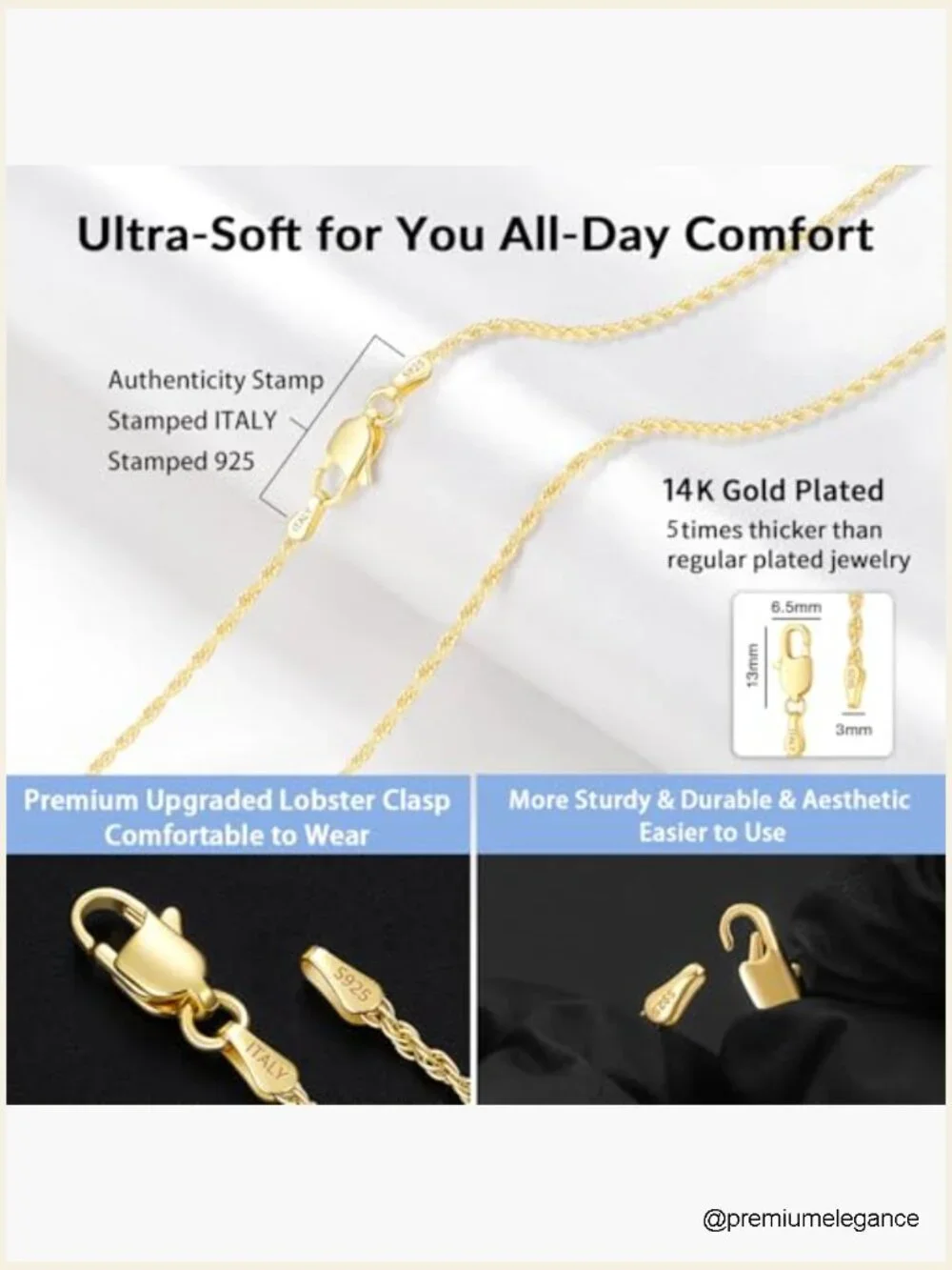2mm 925 Sterling Silver Rope Chain Necklace 14K Gold Plated Lobster Clasp 16-26